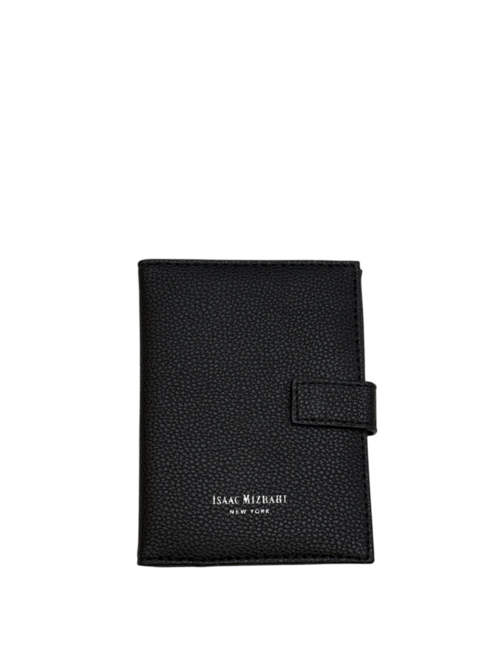ISAAC MIZRAHI - BLACK PEBBLED LEATHER PASSPORT HOLDER SNAP WALLET